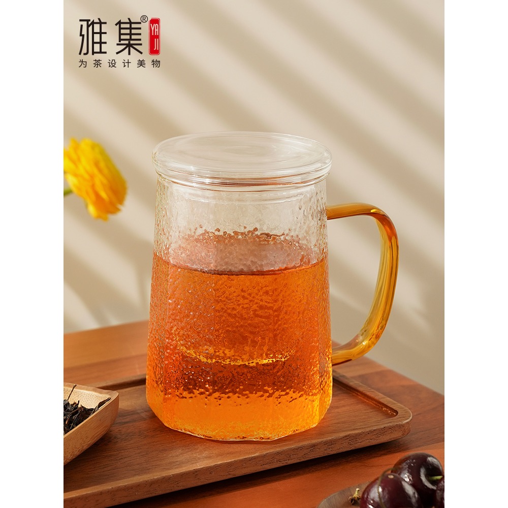 雅集茶具築茗杯玻璃杯個人專用過濾帶蓋帶把手高硼硅玻璃耐熱茶杯-細節圖4