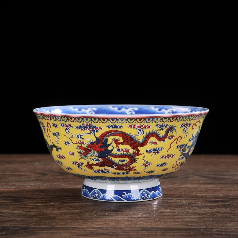 碗家用景德鎮陶瓷碗骨瓷喫飯麪碗單個裝仿古龍紋壽碗6英寸高腳碗-細節圖2