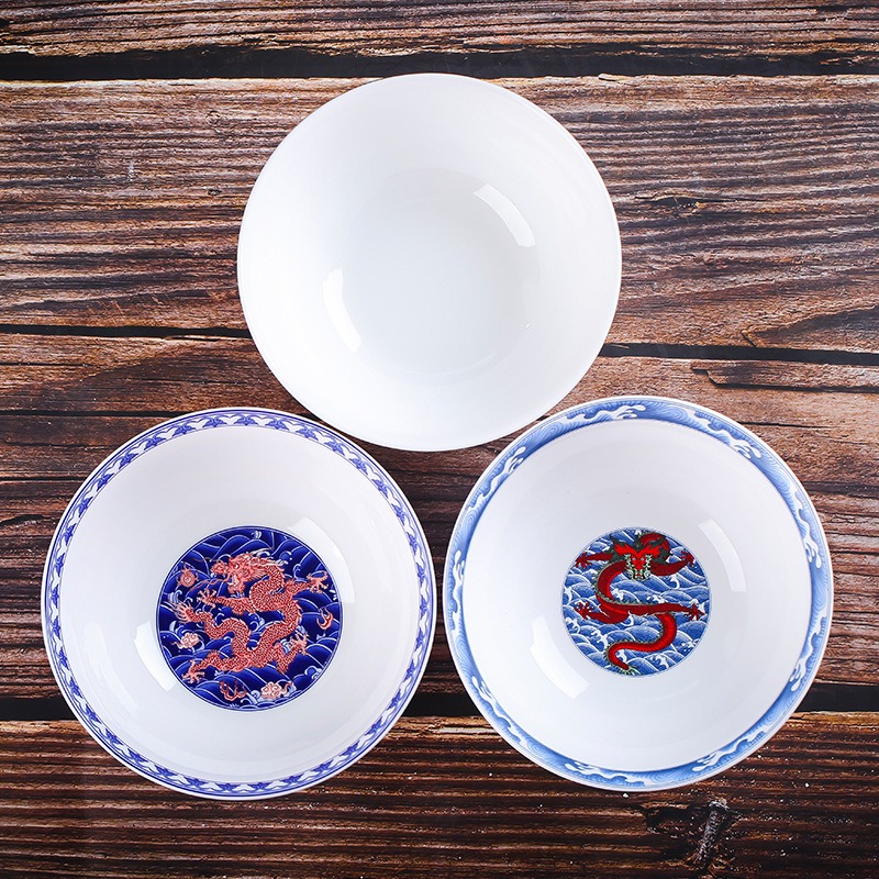 碗家用景德鎮陶瓷碗骨瓷喫飯麪碗單個裝仿古龍紋壽碗6英寸高腳碗-細節圖3