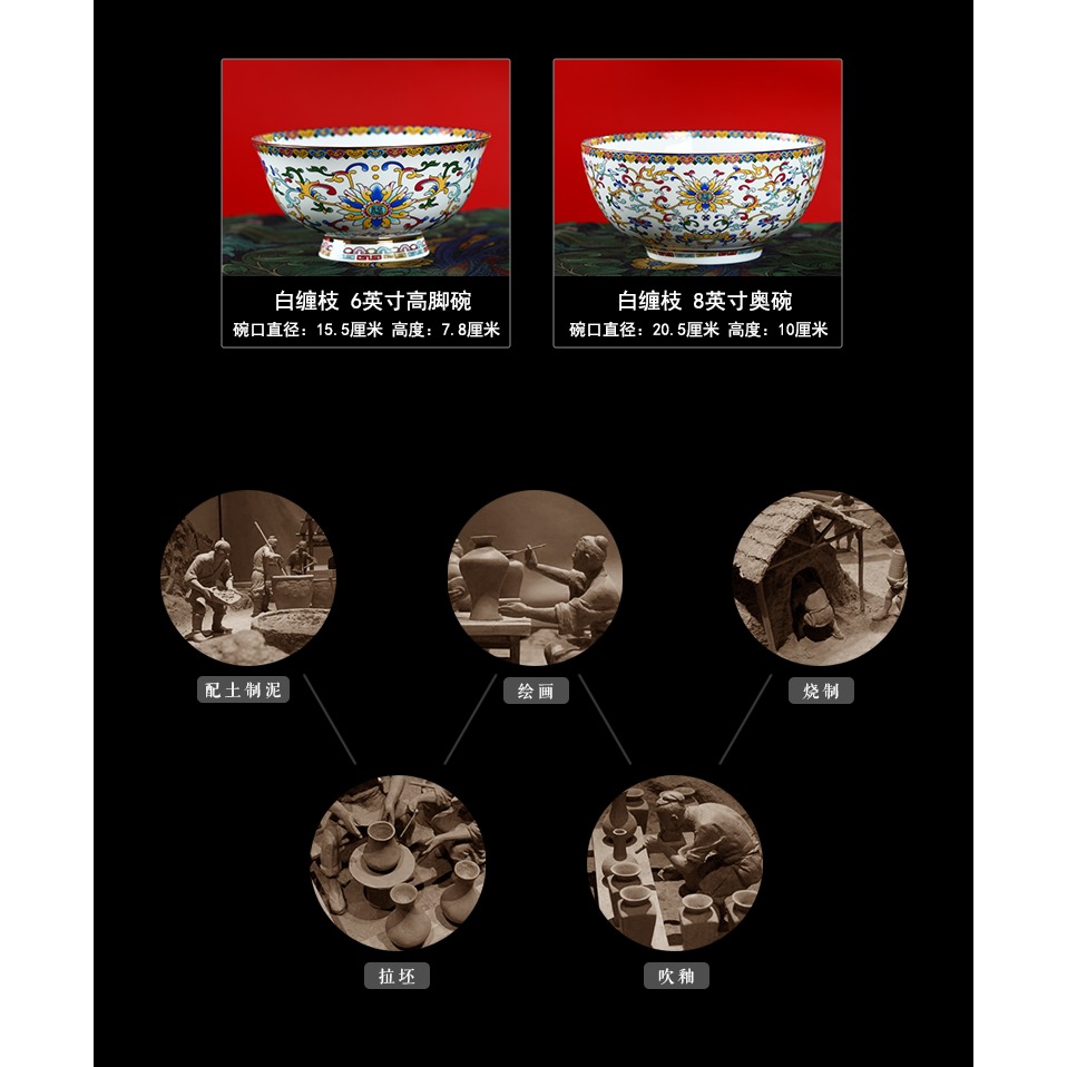 家用陶瓷喫飯碗中式創意骨瓷高腳大號湯碗麪碗宮廷風琺瑯圓形壽碗-細節圖9