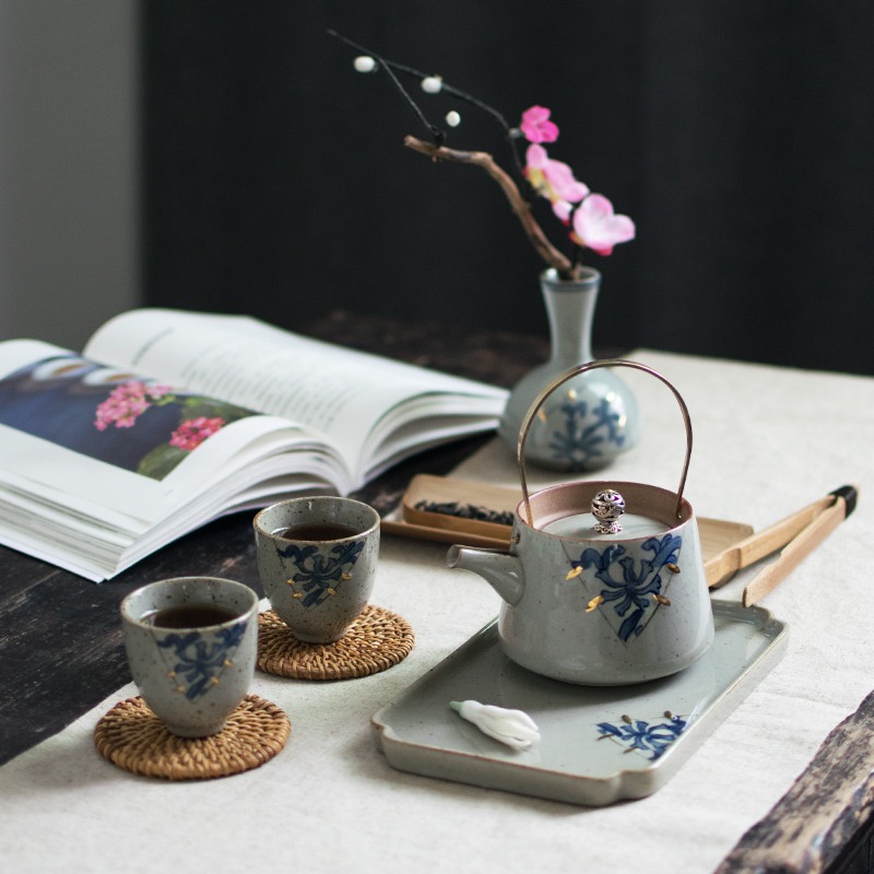 創意手繪青花小號提樑壺 功夫茶具手提泡茶壺陶瓷日式單壺家居壺-細節圖3
