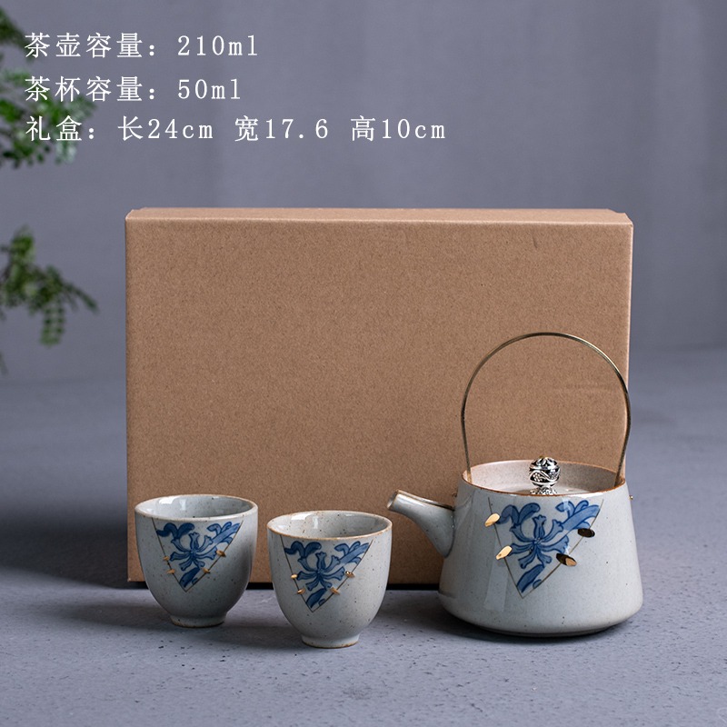 創意手繪青花小號提樑壺 功夫茶具手提泡茶壺陶瓷日式單壺家居壺-細節圖6
