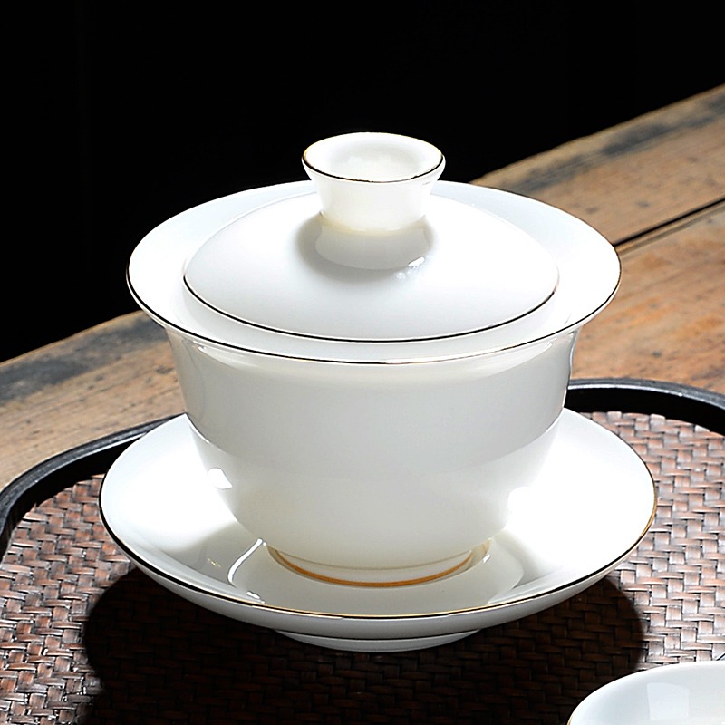蓋碗陶瓷茶具茶碗白瓷家用單個羊脂玉蓋子大中小金邊純白配件三才-細節圖4