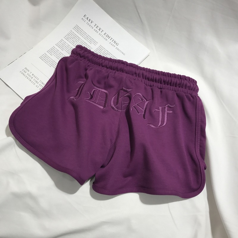 紫色褲子女夏季運動褲刺繡a字短褲高腰軍綠色闊腿褲寬松休閑熱褲-細節圖3
