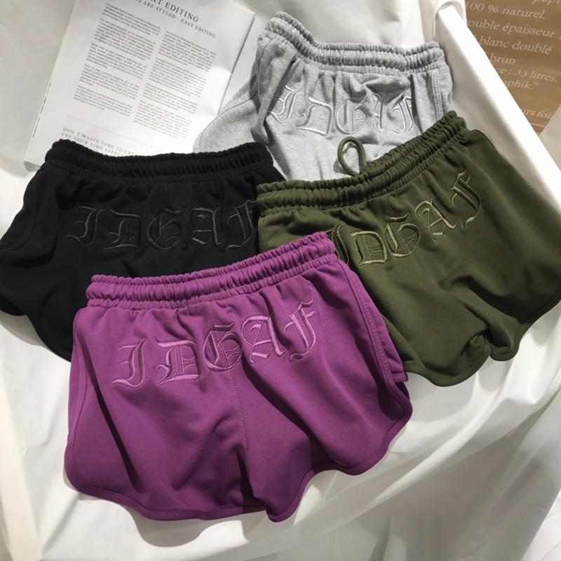 紫色褲子女夏季運動褲刺繡a字短褲高腰軍綠色闊腿褲寬松休閑熱褲-細節圖5