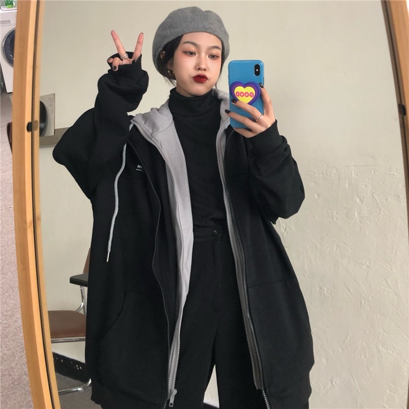 潮牌ulzzang炸街外套女秋冬加絨加厚寬松ins潮鹽系假兩件上衣-細節圖2