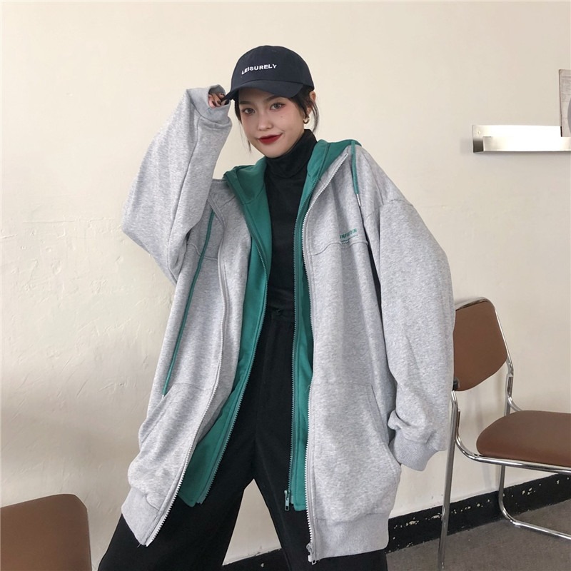 潮牌ulzzang炸街外套女秋冬加絨加厚寬松ins潮鹽系假兩件上衣-細節圖3