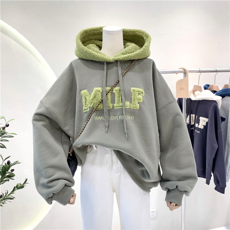 品牌折扣店商場撤櫃剪標女裝專櫃清倉特價春秋羊羔絨連帽薄款衛衣-細節圖2