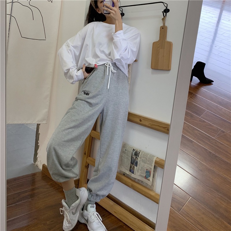 運動束腳褲女春秋ins潮高腰顯瘦薄款直筒寬松哈倫休閑褲-細節圖2