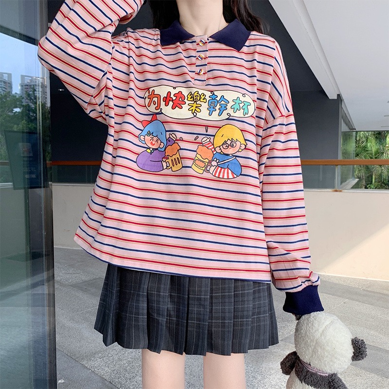 古著日系polo領長袖衛衣女春秋ins潮慵懶風bf學生寬松上衣服-細節圖2
