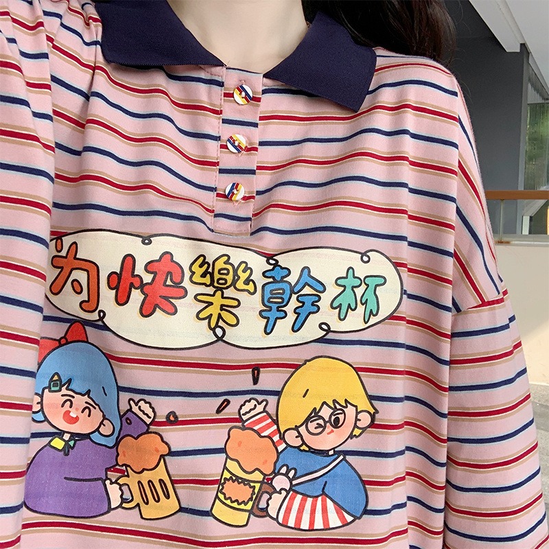 古著日系polo領長袖衛衣女春秋ins潮慵懶風bf學生寬松上衣服-細節圖3