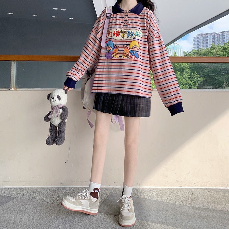 古著日系polo領長袖衛衣女春秋ins潮慵懶風bf學生寬松上衣服-細節圖4