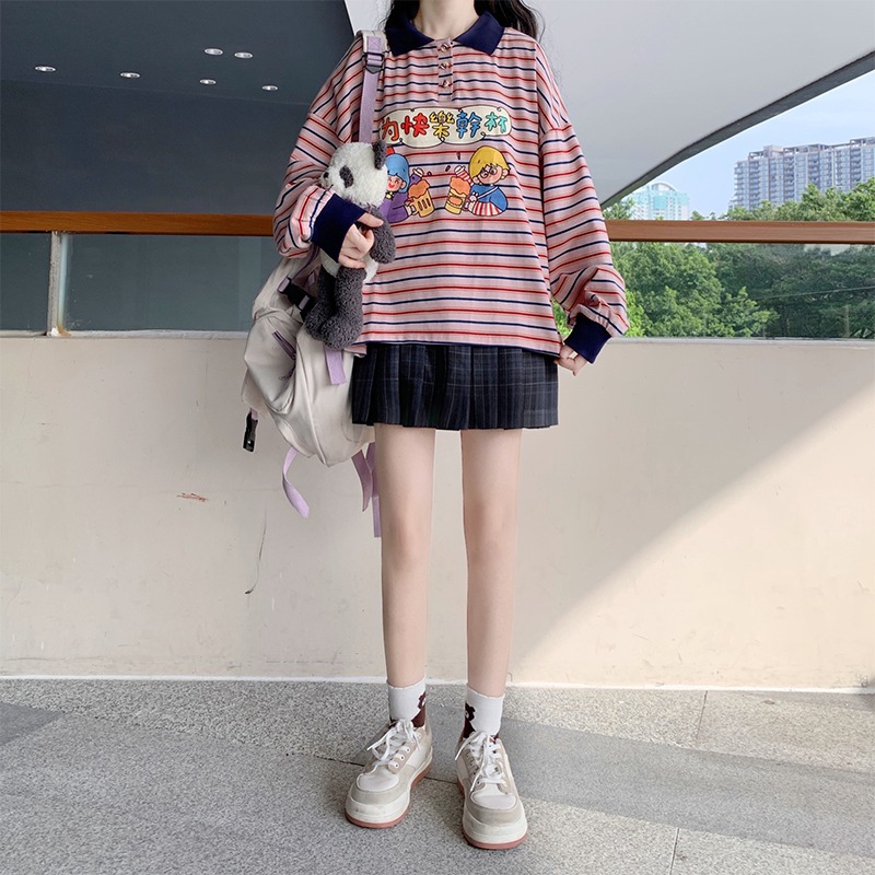 古著日系polo領長袖衛衣女春秋ins潮慵懶風bf學生寬松上衣服-細節圖5