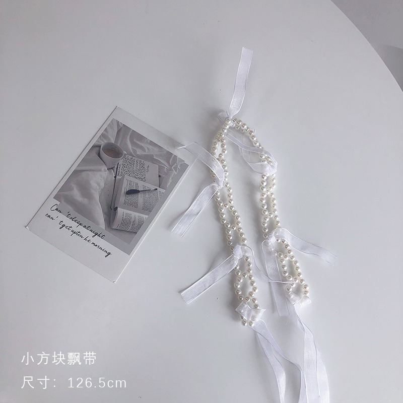 新款ins日韓珍珠發帶女夏綁發蕾絲兩用頸鏈仙女頭飾飄帶小眾發箍-細節圖7