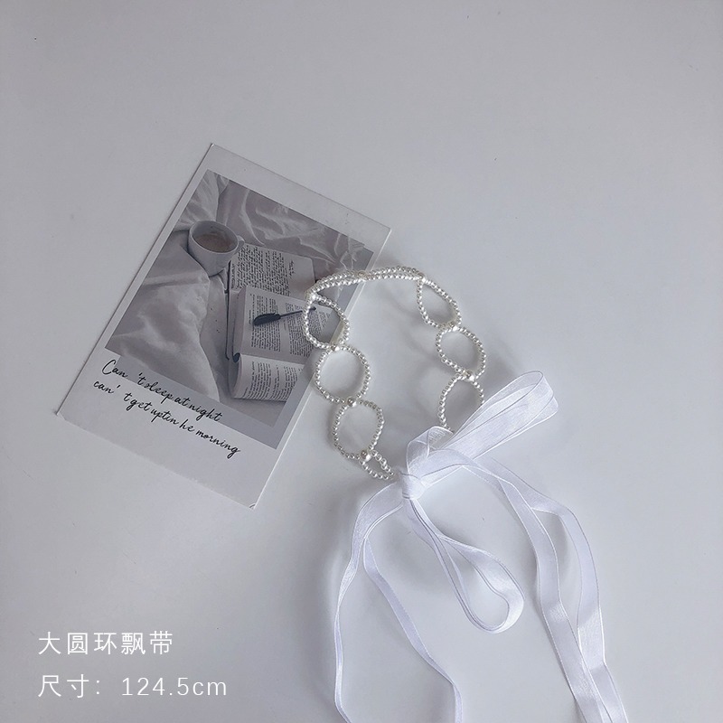 新款ins日韓珍珠發帶女夏綁發蕾絲兩用頸鏈仙女頭飾飄帶小眾發箍-細節圖10
