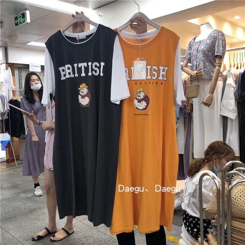 新款假兩件連衣裙女夏寬松bf慵懶風百搭短袖t恤上衣裙子-細節圖2