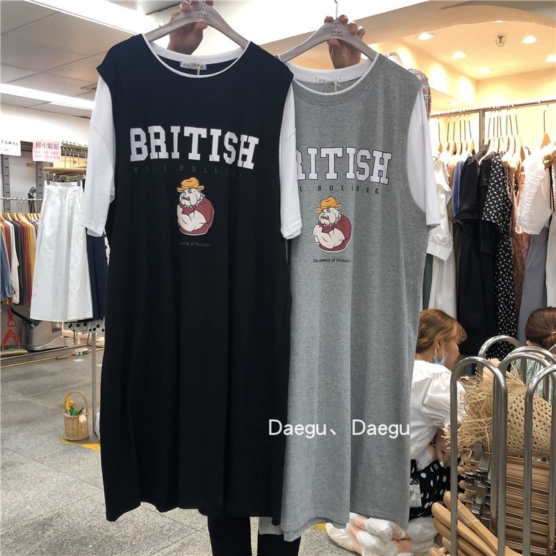新款假兩件連衣裙女夏寬松bf慵懶風百搭短袖t恤上衣裙子-細節圖3