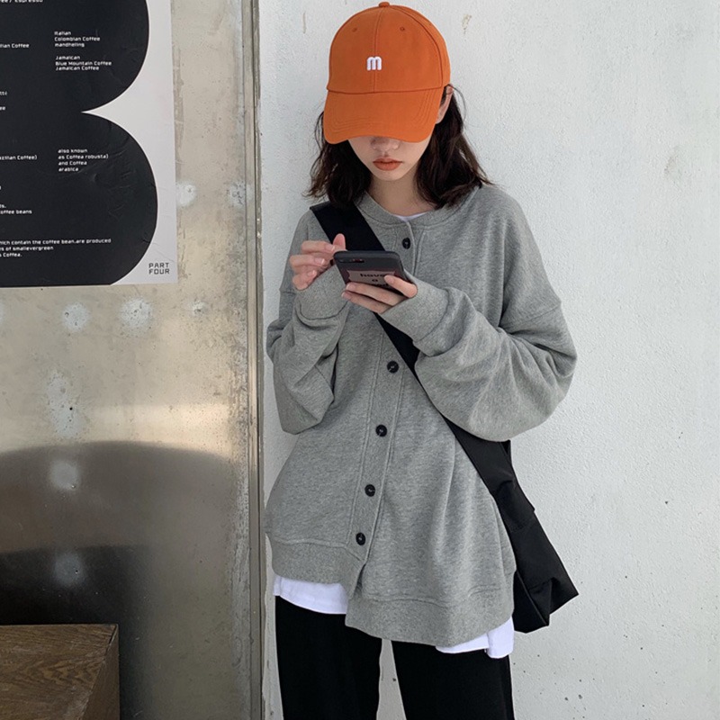 日系古著衛衣女寬松潮ins慵懶風bf薄款紐扣開衫外套-細節圖2