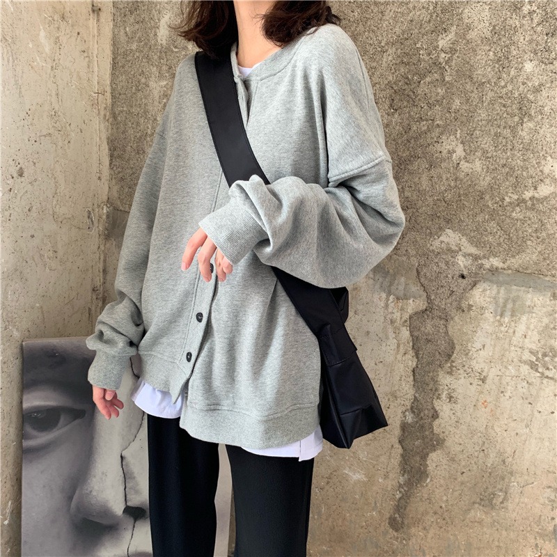 日系古著衛衣女寬松潮ins慵懶風bf薄款紐扣開衫外套-細節圖3