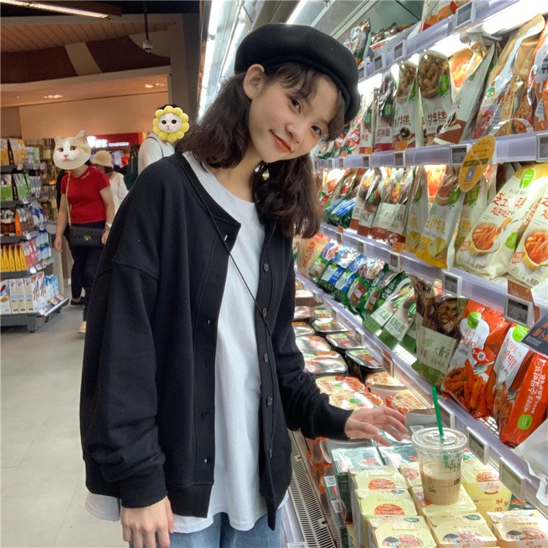 日系古著衛衣女寬松潮ins慵懶風bf薄款紐扣開衫外套-細節圖4