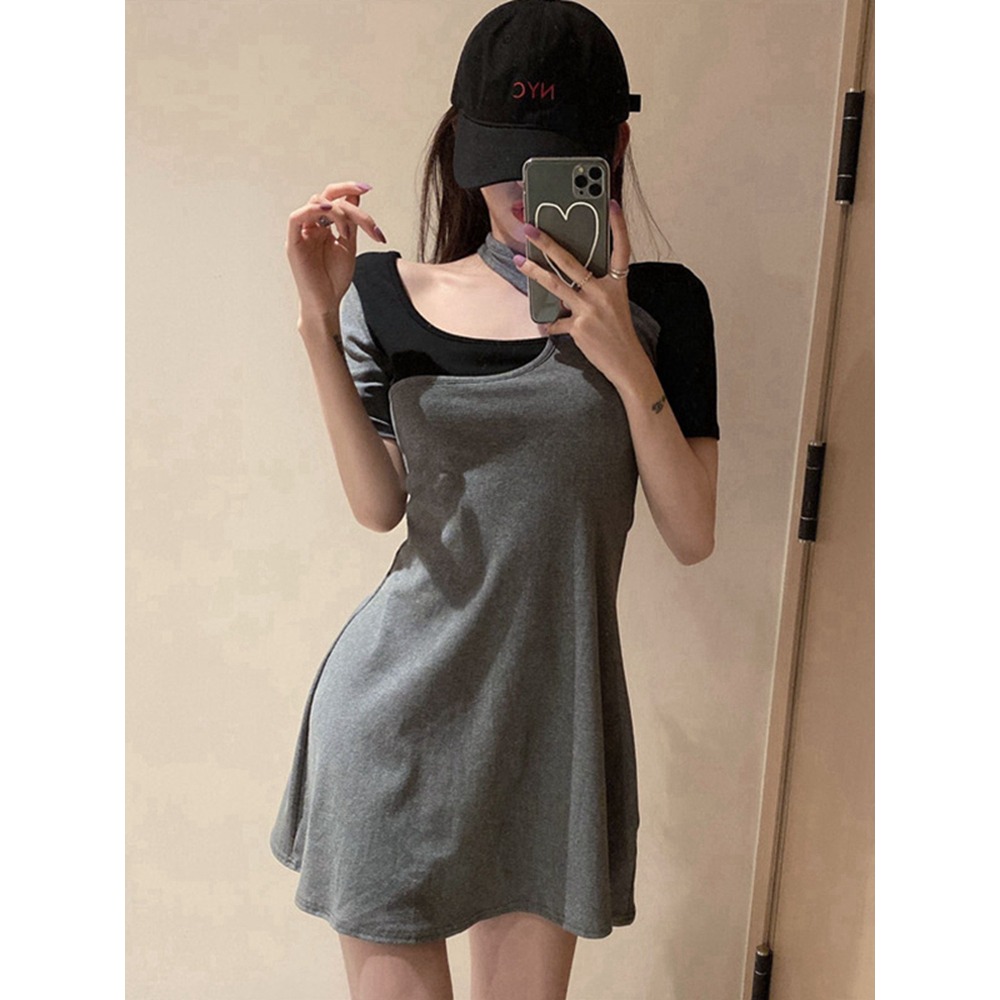 法式掛脖裙子女設計感小眾性感收腰顯瘦假兩件辣妹連衣裙夏高級感-細節圖2