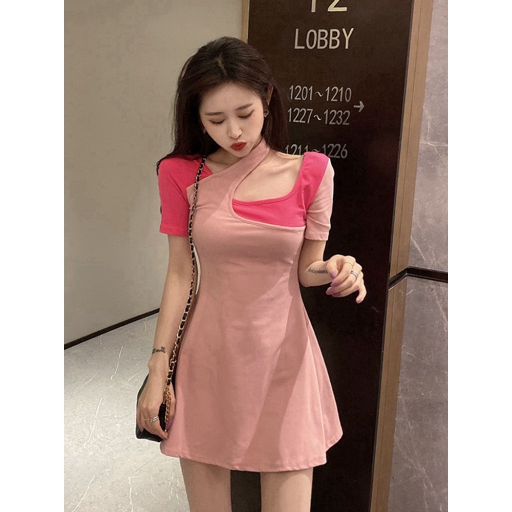 法式掛脖裙子女設計感小眾性感收腰顯瘦假兩件辣妹連衣裙夏高級感-細節圖3