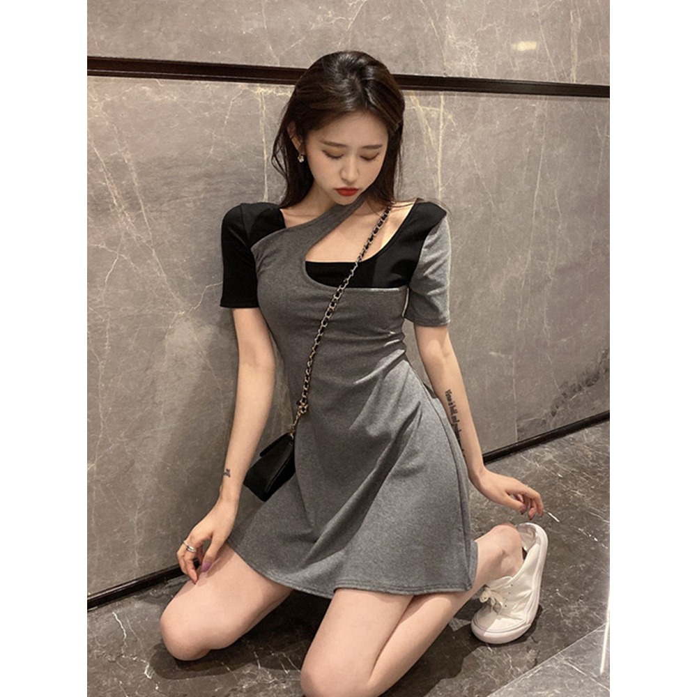 法式掛脖裙子女設計感小眾性感收腰顯瘦假兩件辣妹連衣裙夏高級感-細節圖4