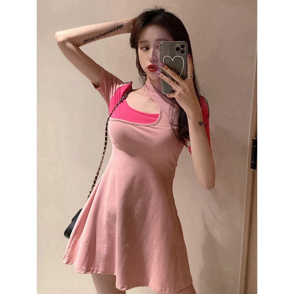 法式掛脖裙子女設計感小眾性感收腰顯瘦假兩件辣妹連衣裙夏高級感-細節圖5
