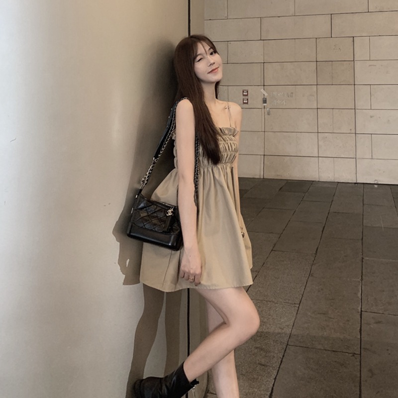 小個子褶皺設計感娃娃裙夏高腰性感吊帶抹胸赫本風可鹽可甜連衣裙-細節圖3