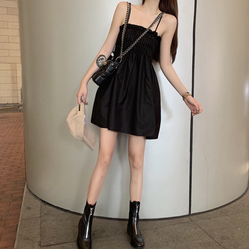 小個子褶皺設計感娃娃裙夏高腰性感吊帶抹胸赫本風可鹽可甜連衣裙-細節圖4