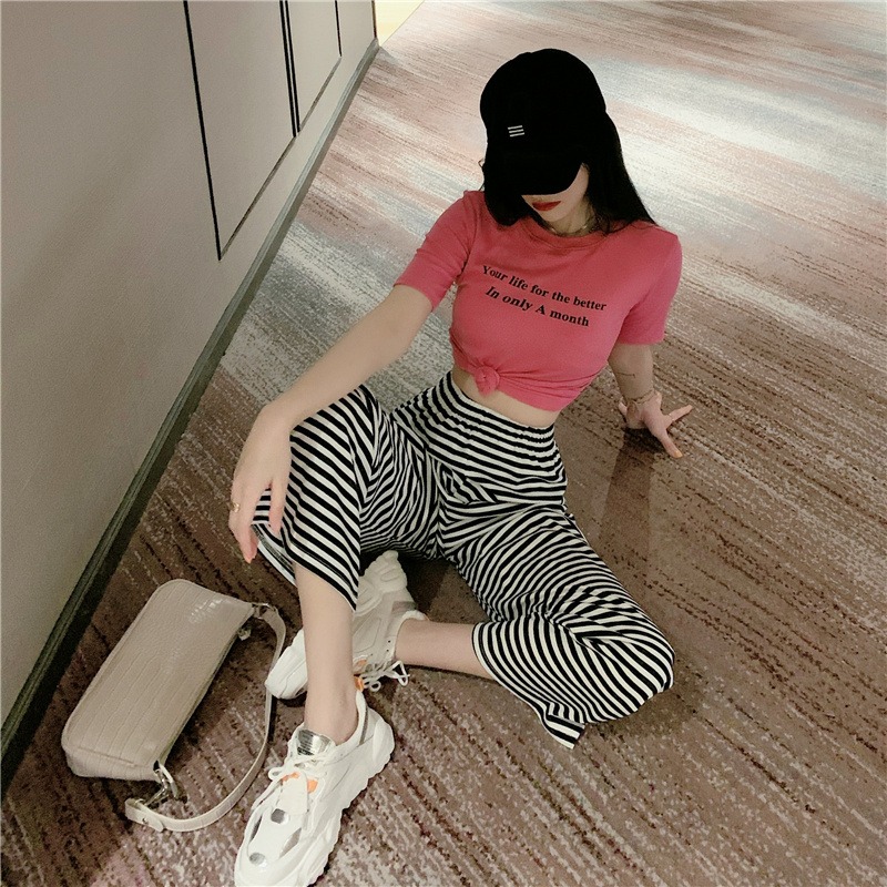 網紅時尚休閑兩件套女夏ins潮泫雅風短袖t恤闊腳長褲運動套裝-細節圖3