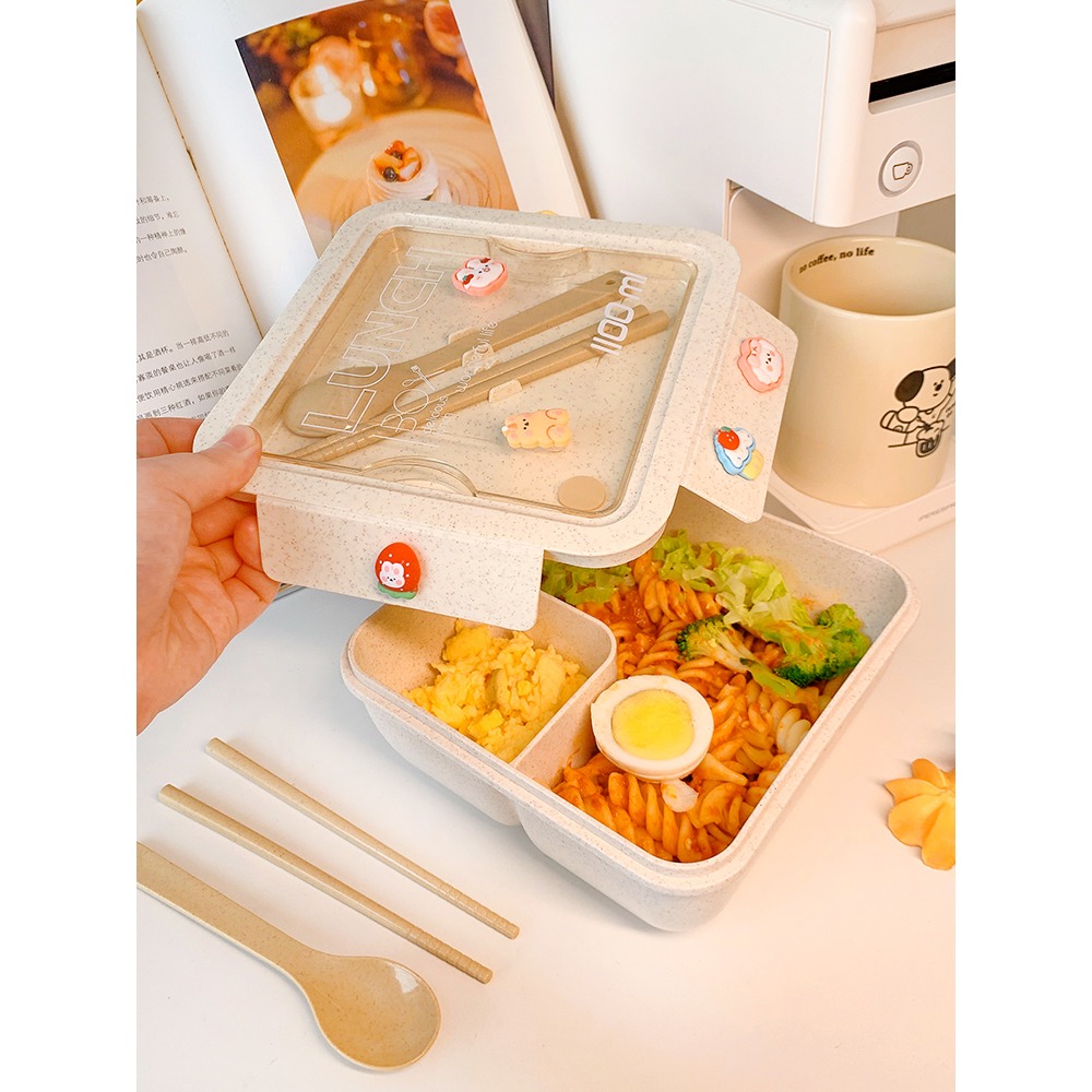 日式分格飯盒上班族女學生用餐盒可微波爐加熱小麥秸稈便攜便當盒-細節圖2