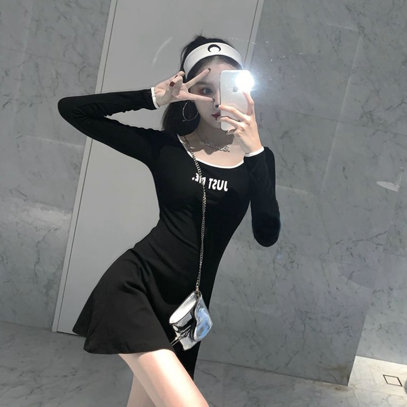 秋裝新款復古性感修身大圓領白色連衣裙女收腰氣質內搭短裙子長袖-細節圖3