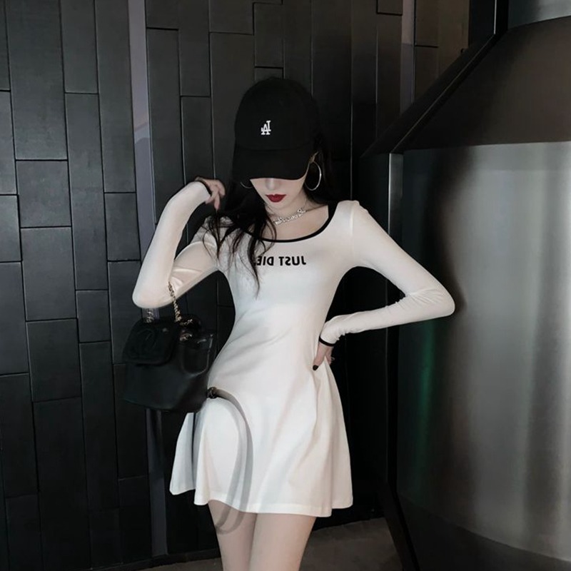 秋裝新款復古性感修身大圓領白色連衣裙女收腰氣質內搭短裙子長袖-細節圖4