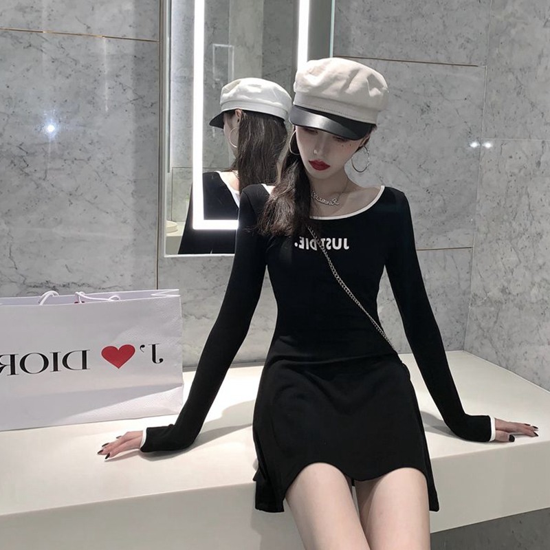 秋裝新款復古性感修身大圓領白色連衣裙女收腰氣質內搭短裙子長袖-細節圖5