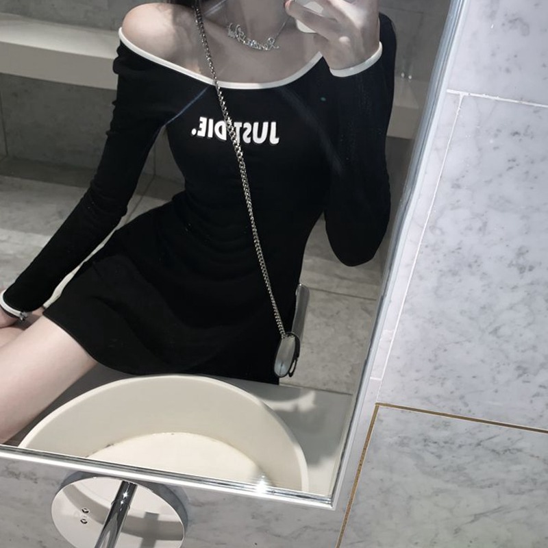 秋裝新款復古性感修身大圓領白色連衣裙女收腰氣質內搭短裙子長袖-細節圖6