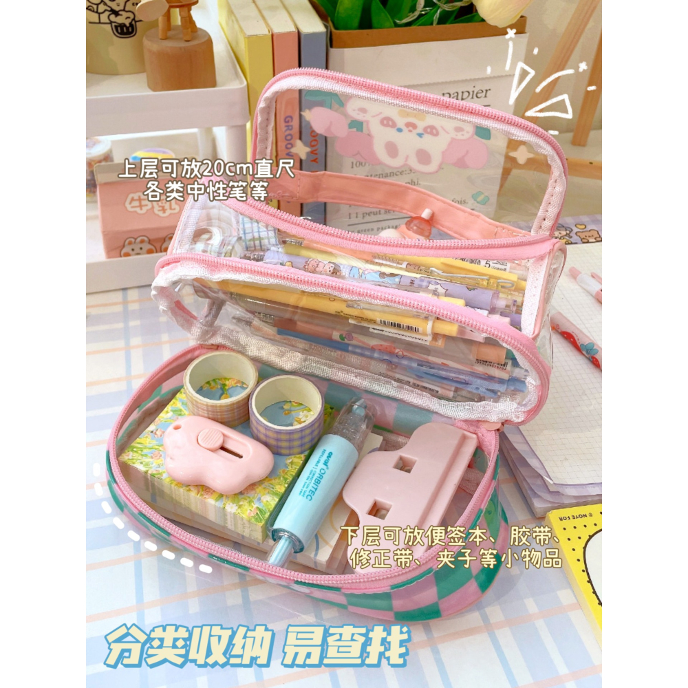 可愛透明筆袋女孩大容量女生小學生PVC防水文具ins初中開學鉛筆盒-細節圖2