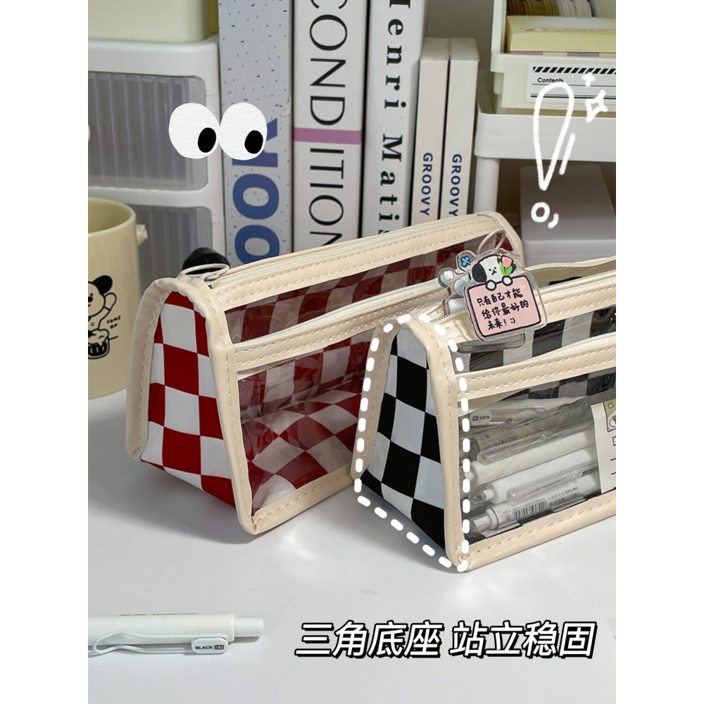 棋盤格透明筆袋ins日系女生初中小學生女孩開學文具大容量鉛筆盒-細節圖3