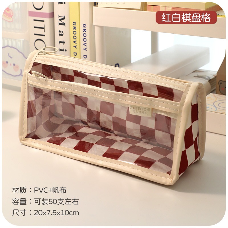 棋盤格透明筆袋ins日系女生初中小學生女孩開學文具大容量鉛筆盒-細節圖7