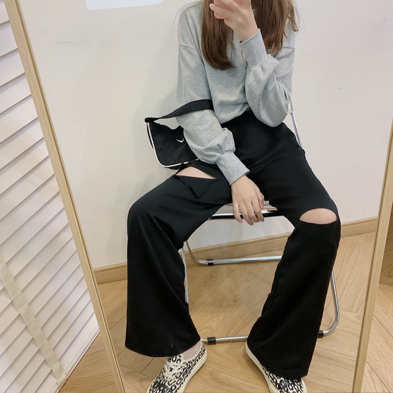港味闊腿褲子女春秋高腰直筒顯瘦個性破洞休閑運動褲ins-細節圖3