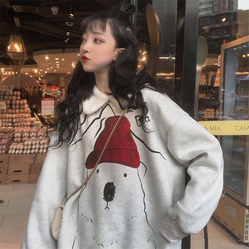 日系polo領衛衣女冬新款寬松bf慵懶風ins加絨加厚可愛上衣服-細節圖3