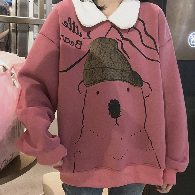 日系polo領衛衣女冬新款寬松bf慵懶風ins加絨加厚可愛上衣服-細節圖4