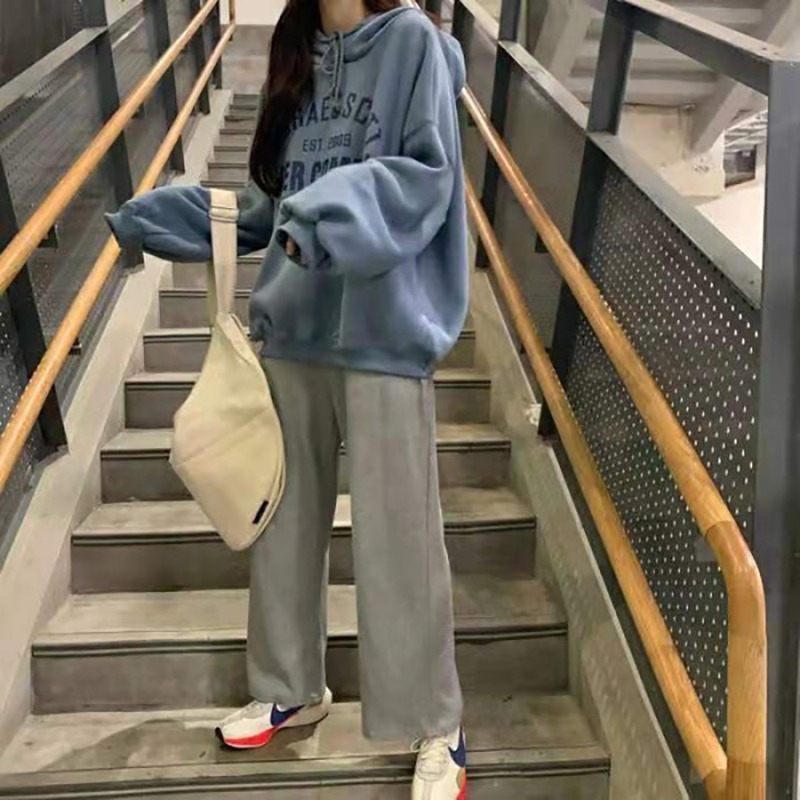秋冬季加絨加厚休閑運動套裝女寬松衛衣顯瘦闊腿褲學生兩件套-細節圖2