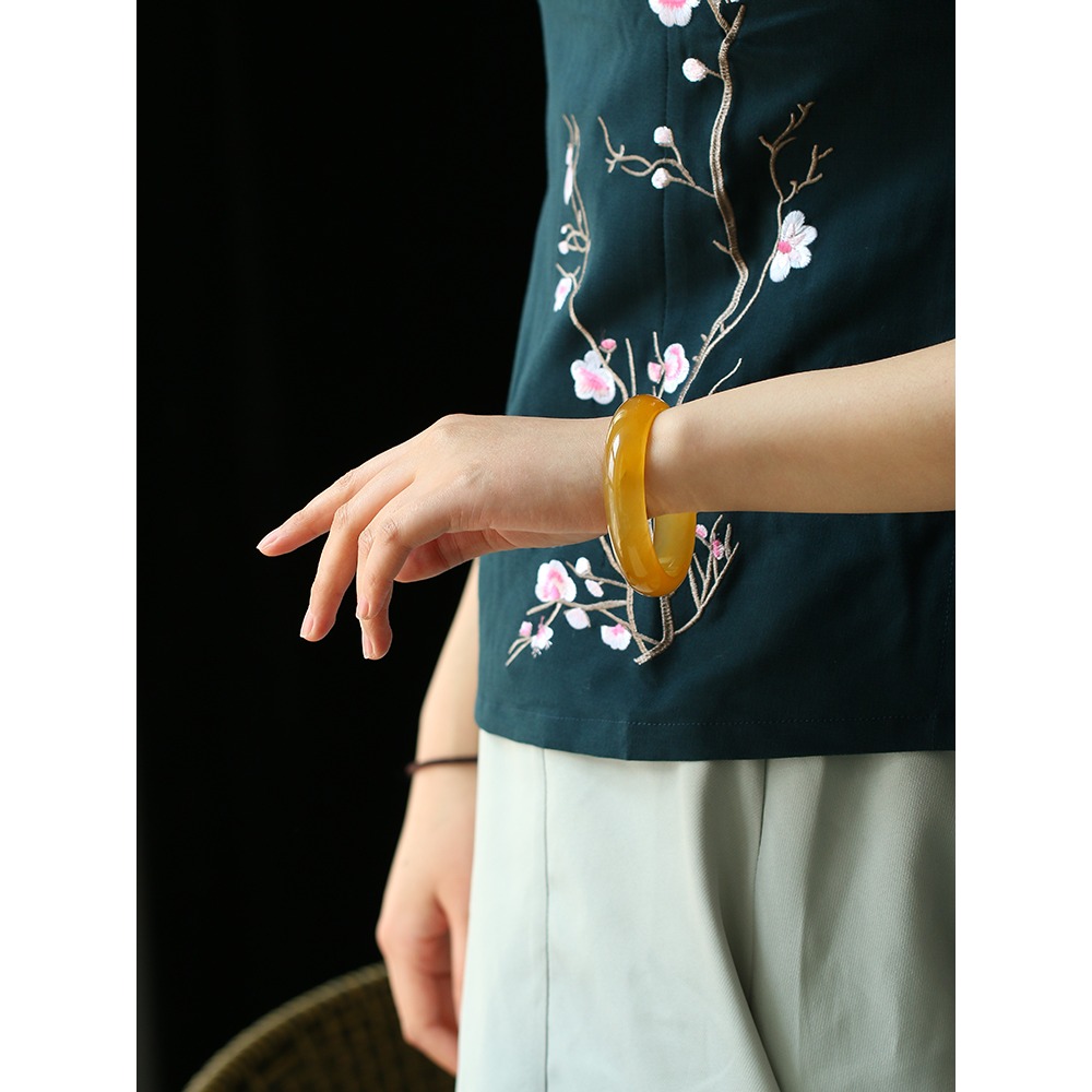 新疆黃籽料天然瑪瑙黃金絲玉寬鐲女款寬手鐲玉鐲-細節圖5