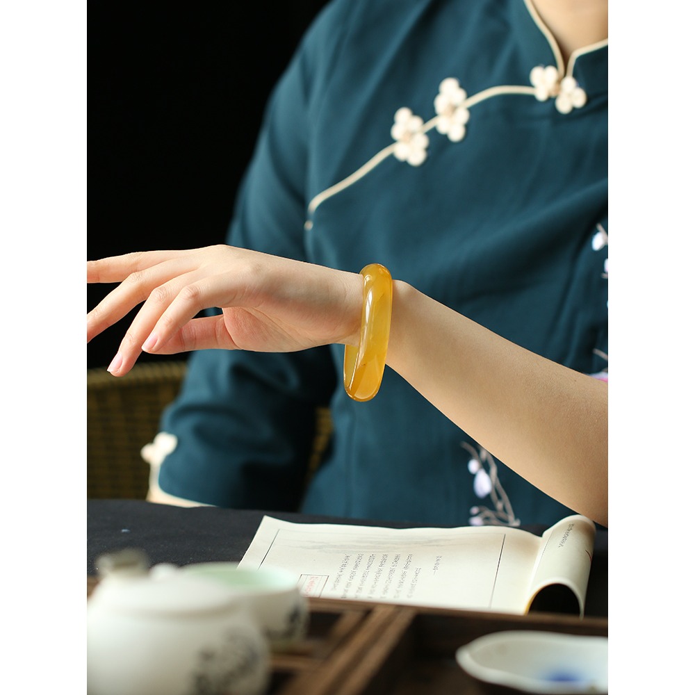 新疆黃籽料天然瑪瑙黃金絲玉寬鐲女款寬手鐲玉鐲-細節圖6
