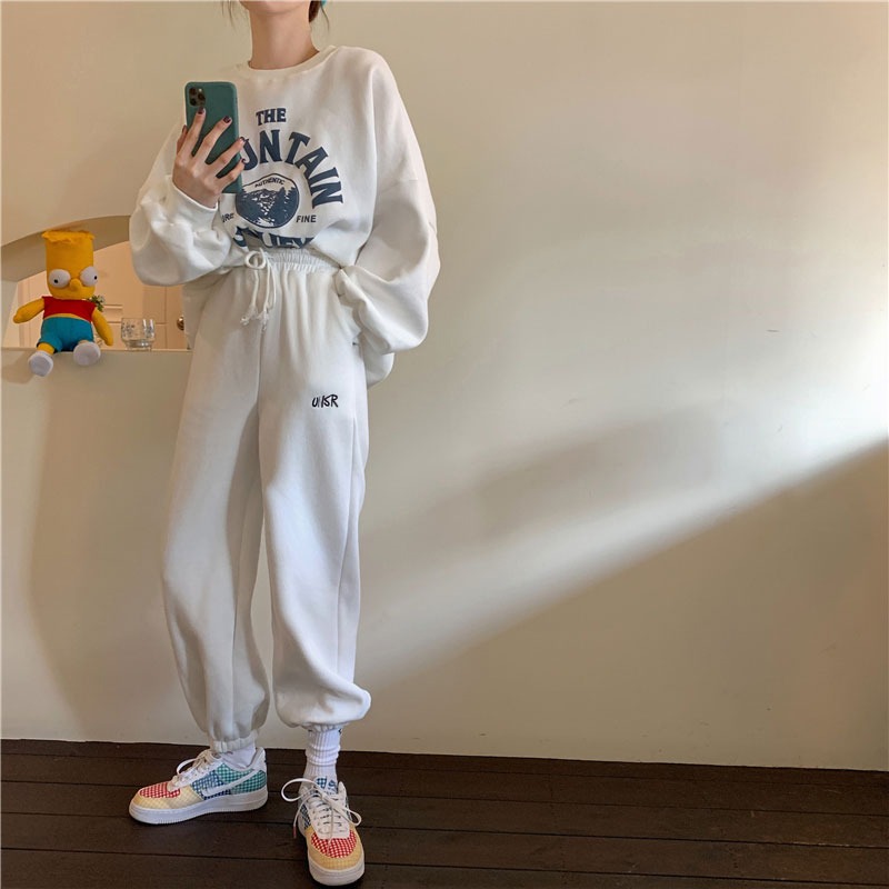 束腳灰色運動褲女秋冬加絨加厚寬松潮高腰顯瘦學生哈倫休閑褲-細節圖5