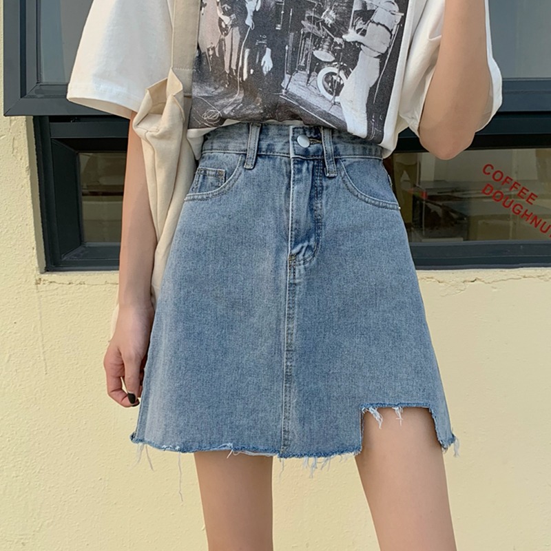 夏季韓版ins高腰不規則牛仔半身裙女百搭學生顯瘦a字包臀短裙子潮-細節圖2