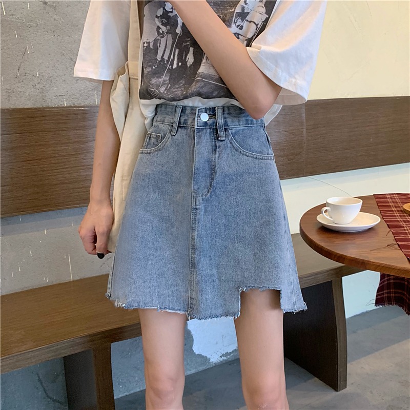 夏季韓版ins高腰不規則牛仔半身裙女百搭學生顯瘦a字包臀短裙子潮-細節圖3