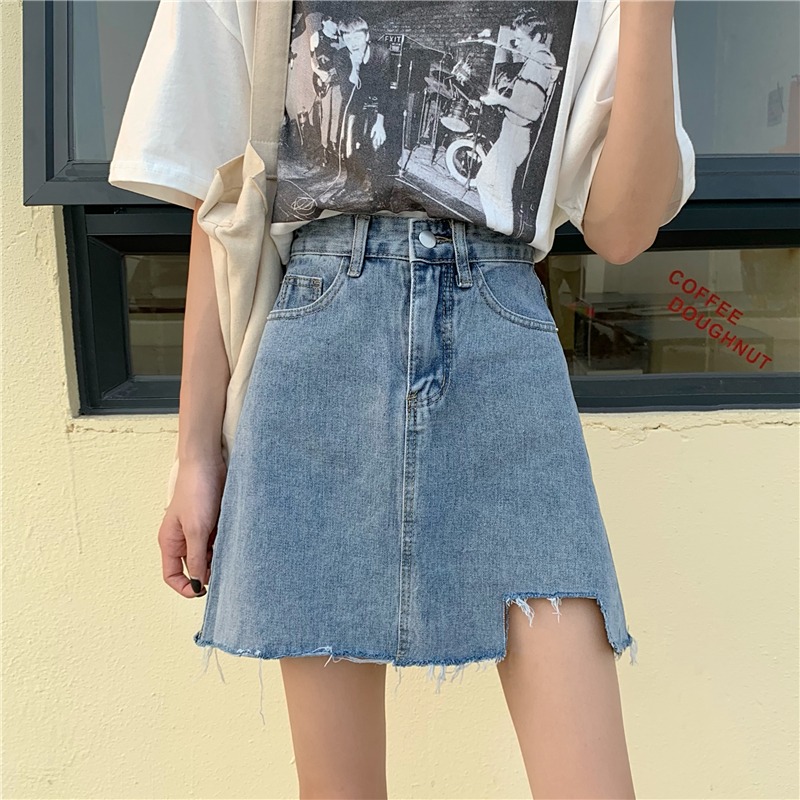 夏季韓版ins高腰不規則牛仔半身裙女百搭學生顯瘦a字包臀短裙子潮-細節圖9