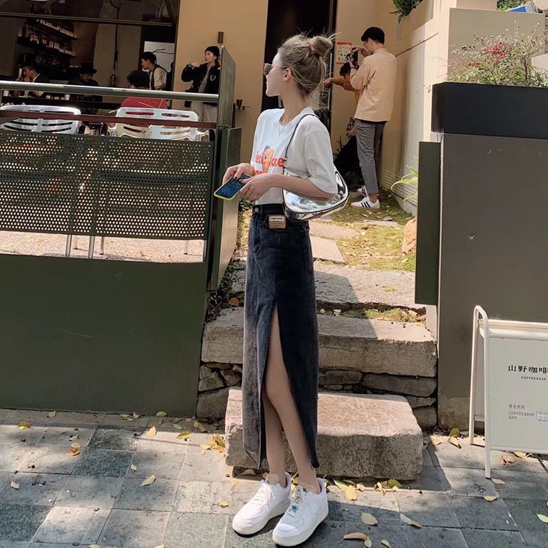 年新款高腰開叉牛仔半身裙直筒寬松百搭中長款顯瘦復古一步裙-細節圖7